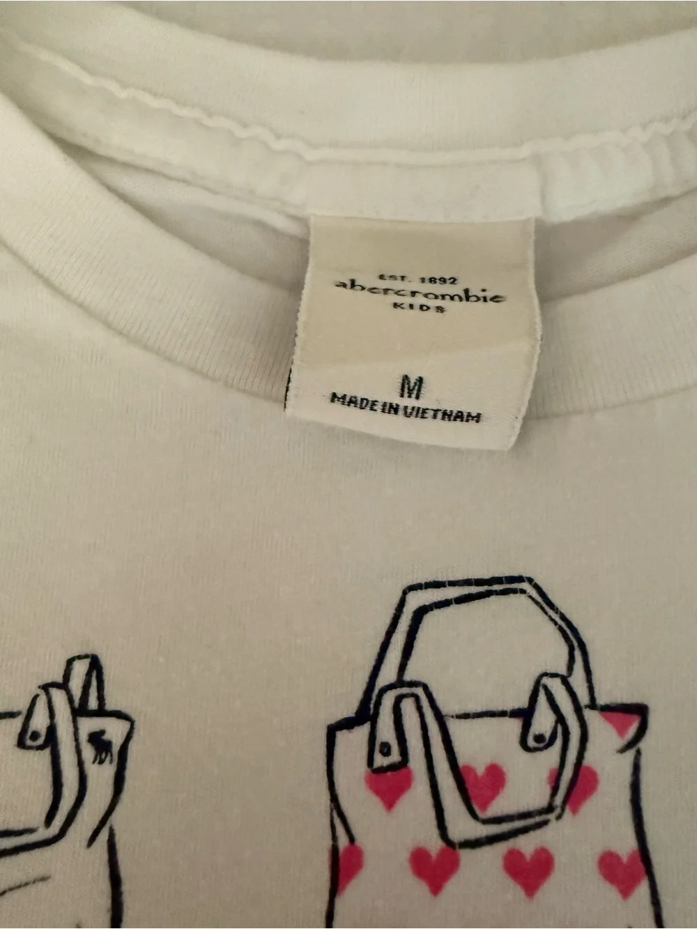 Abercrombie Kids White Tee with Navy Bag Sketches and Pink Hearts
